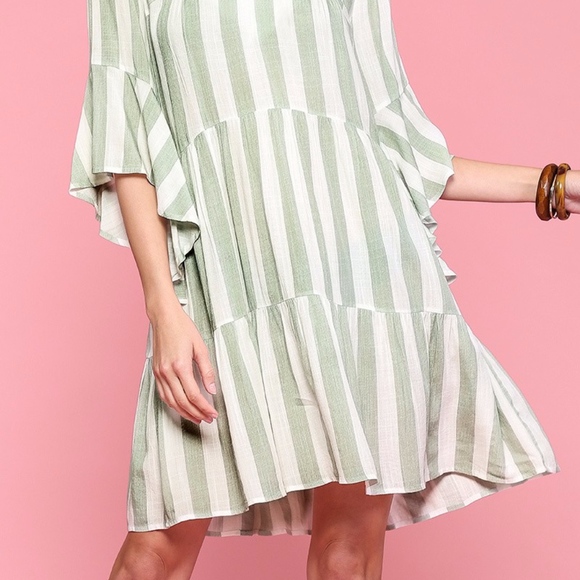 Stripe V-Neck Tier Dress with Bell Sleeves - Picture 3 of 8